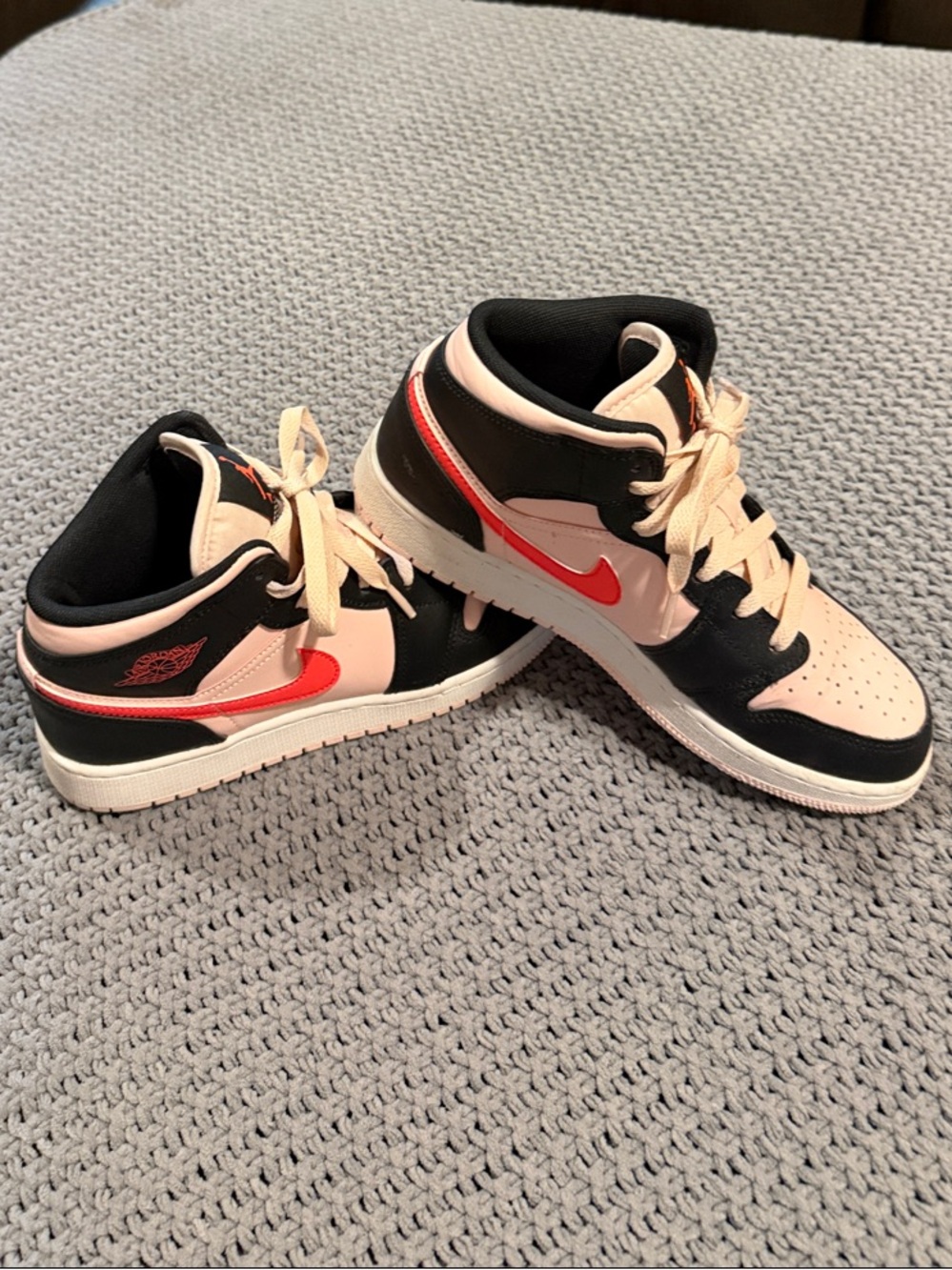 Air Jordan 1 Kids Mid-Top Sneakers in Black, Pink & hyper-Red Swoosh